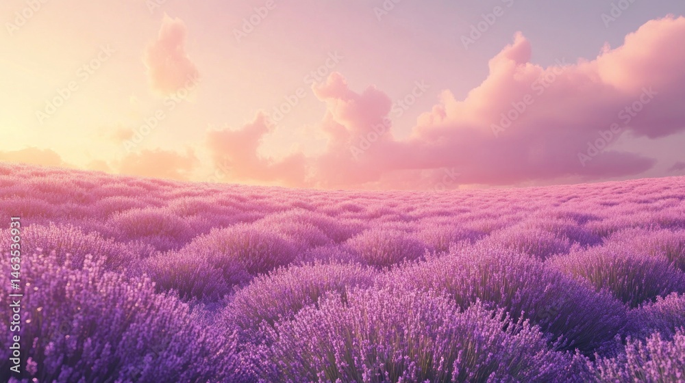 Vast expanse of lavender blooms under a pastel colored sunset sky Vast expanse of lavender blooms under a pastel colored sunset sky