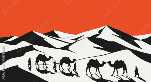 Desert Camel Caravan Sunset - Vector Illustration