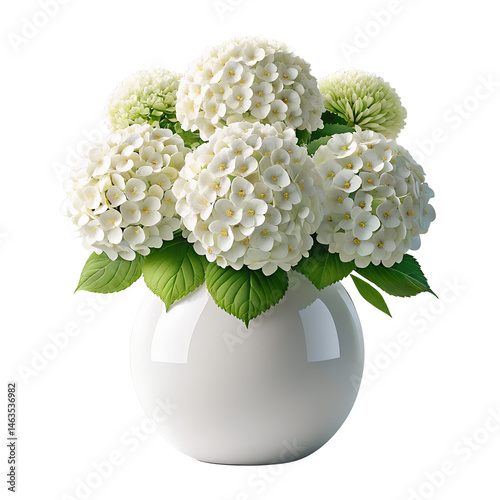 White Hydrangea Flowers in Round Vase – Elegant Realistic Floral Composition with Soft Lighting