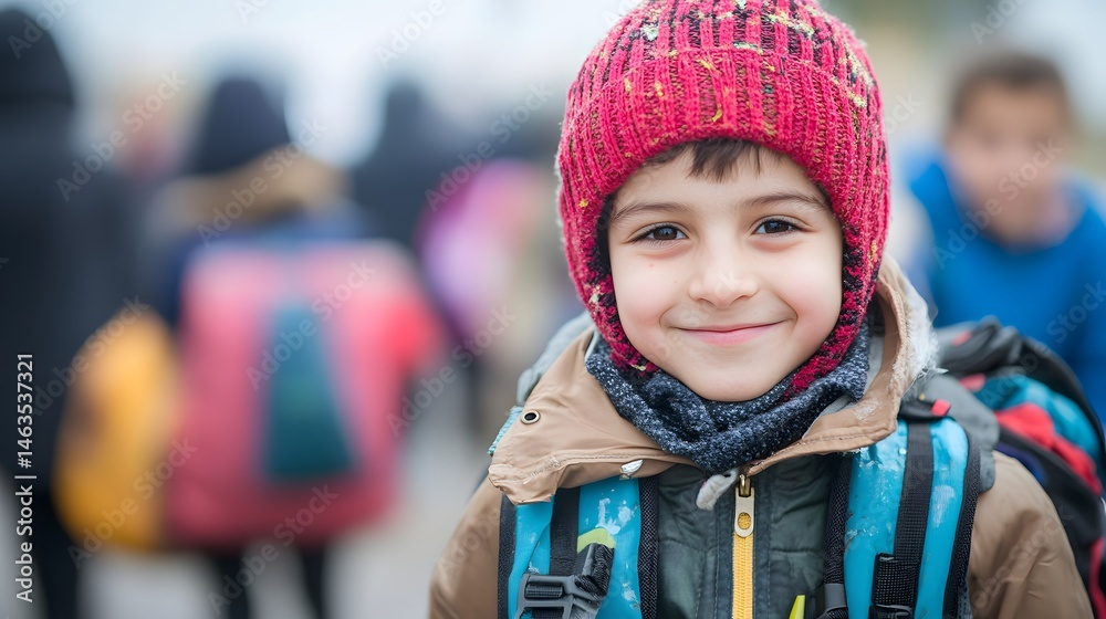 Smiling boy in winter attire outside school. Smiling boy in winter attire outside school.