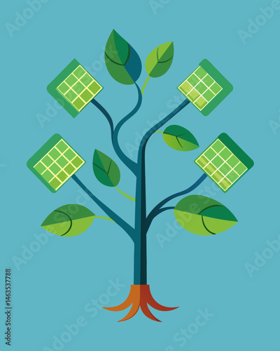 The delicate intertwining of solar panels that creates a stunning visual of a tree stretching towards the sky.. Vector illustration