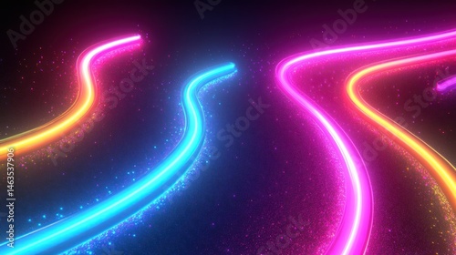 Neon pathways curving through cosmic dust and starry skies background