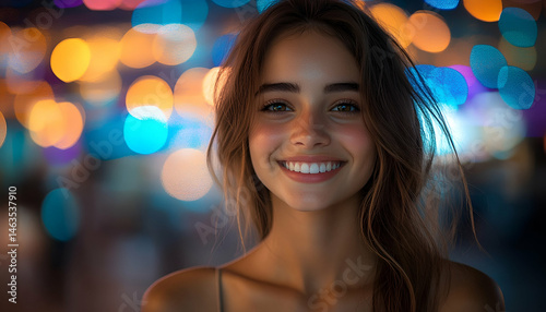 Smiling Young Woman at Night with City Lights Bokeh