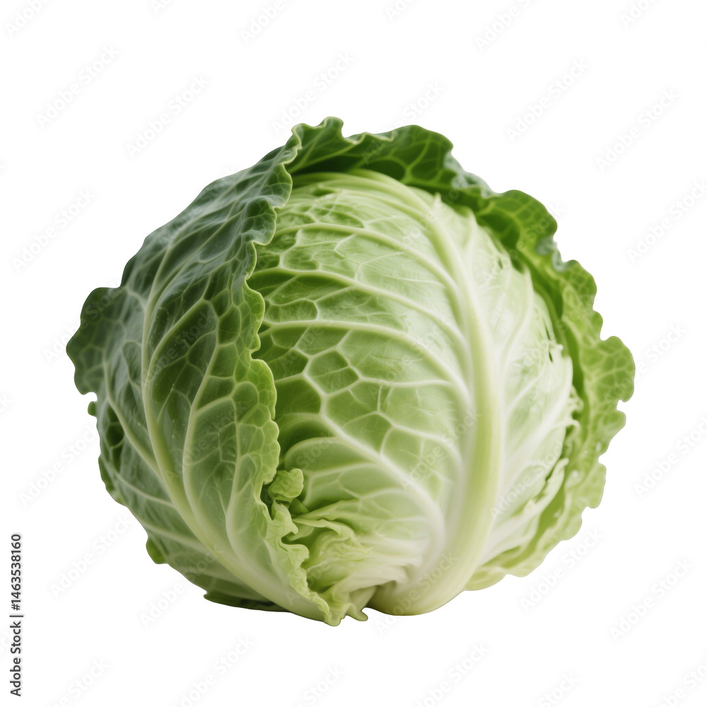 Fototapeta premium A crisp green cabbage head with vibrant layered leaves, a clean cut wedge showing detailed leafy
