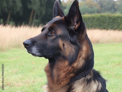 A German Shepherd dog stares off into the distance peacefully photo