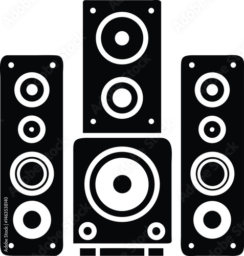 Black and White Speaker Icon Set – Audio System Illustration for Music and Sound Design