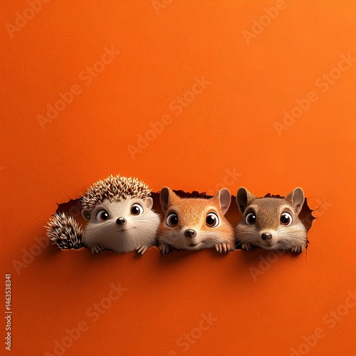 Curious woodland creatures peeking from orange border