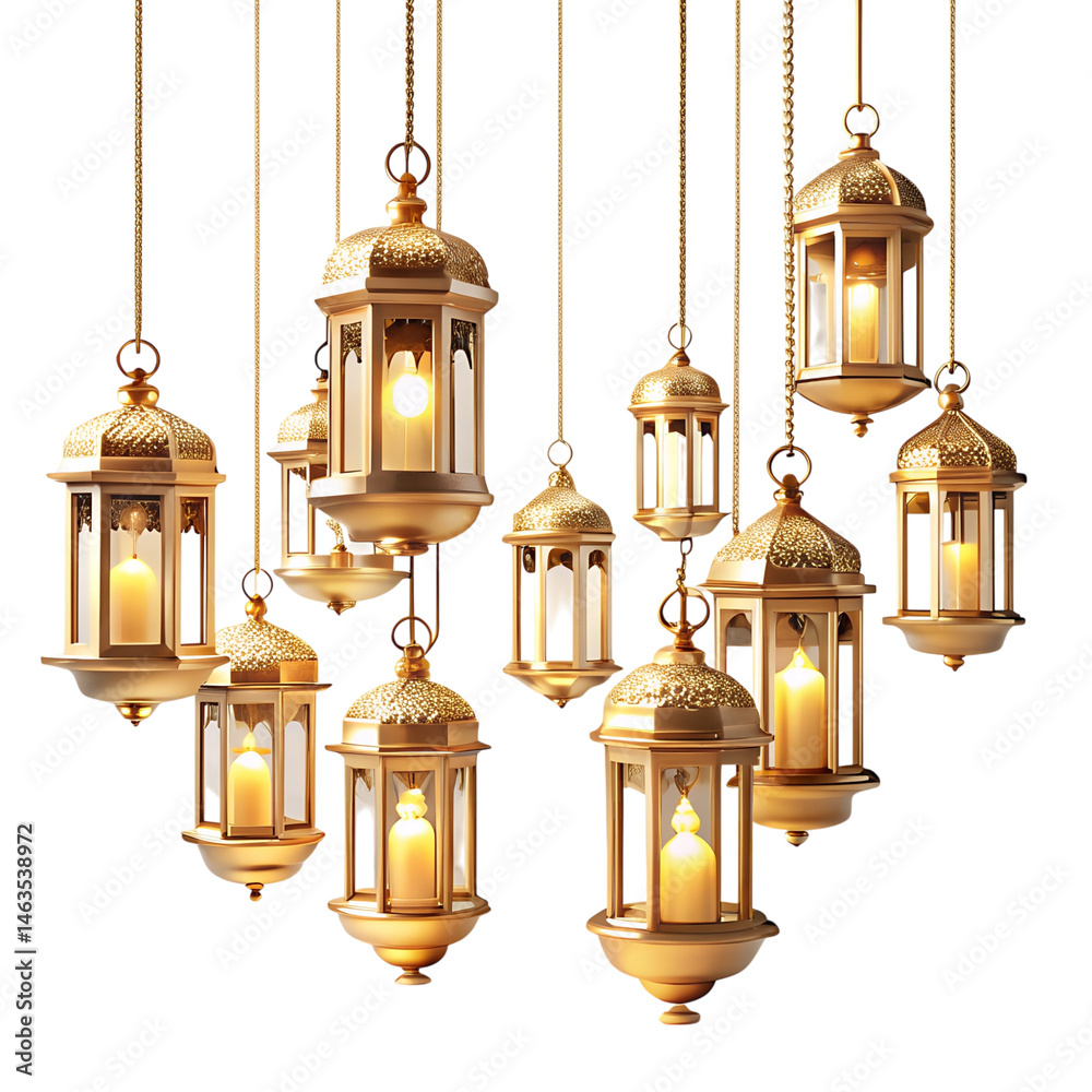 Obraz premium Cascading golden lantern isolated on transparent background.