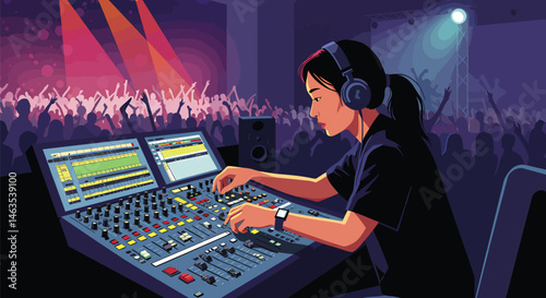 Sound Engineer at Mixing Board - Vector Art
