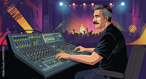Sound Engineer at Mixing Board, Vector Art