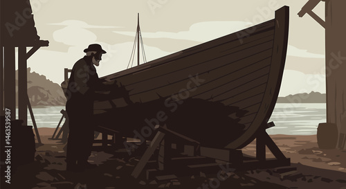 Boat Builder Silhouette: Traditional Wooden Hull Craftsmanship