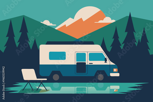 vanlife mobile office setup parked by a forest 