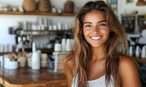 Smiling Young Woman with Curly Hair in Coffee Shop