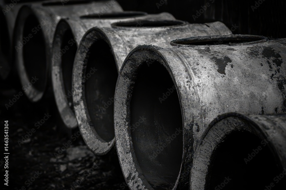 Fototapeta premium Row of Aged Concrete Pipes in Monochrome Close Up Perspective Industrial Architecture Construction Materials