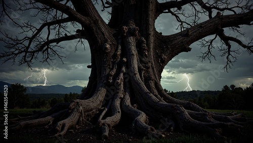 AI-generated dramatic scene of a large tree with lightning striking in the background