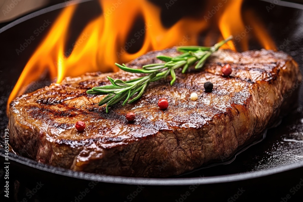 Sizzling Steak on a Cast Iron Pan with Flames Rosemary and Pepper Close Up Food Photography Sizzling Steak on a Cast Iron Pan with Flames Rosemary and Pepper Close Up Food Photography