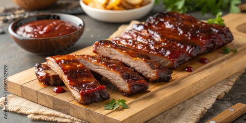 BBQ Ribs Sliced on Wooden Board Close-up Photography, Food Styling, Delicious Recipe, Barbecue, Meat BBQ Ribs, Food Photography