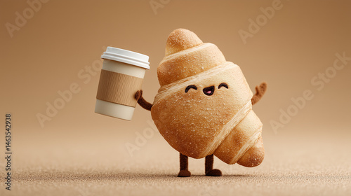 Happy Croissant with Coffee: A cheerful cartoon croissant character happily holds a coffee cup, perfect for breakfast or morning concepts.