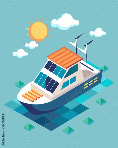 Thanks to its solarpowered system the boat was able to navigate through even the most remote and untouched waters making it the ideal choice for adventure seekers.. Vector illustration