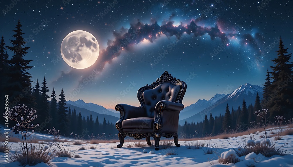 Fototapeta premium Armchair in Winter Landscape Under Milky Way with Full Moon