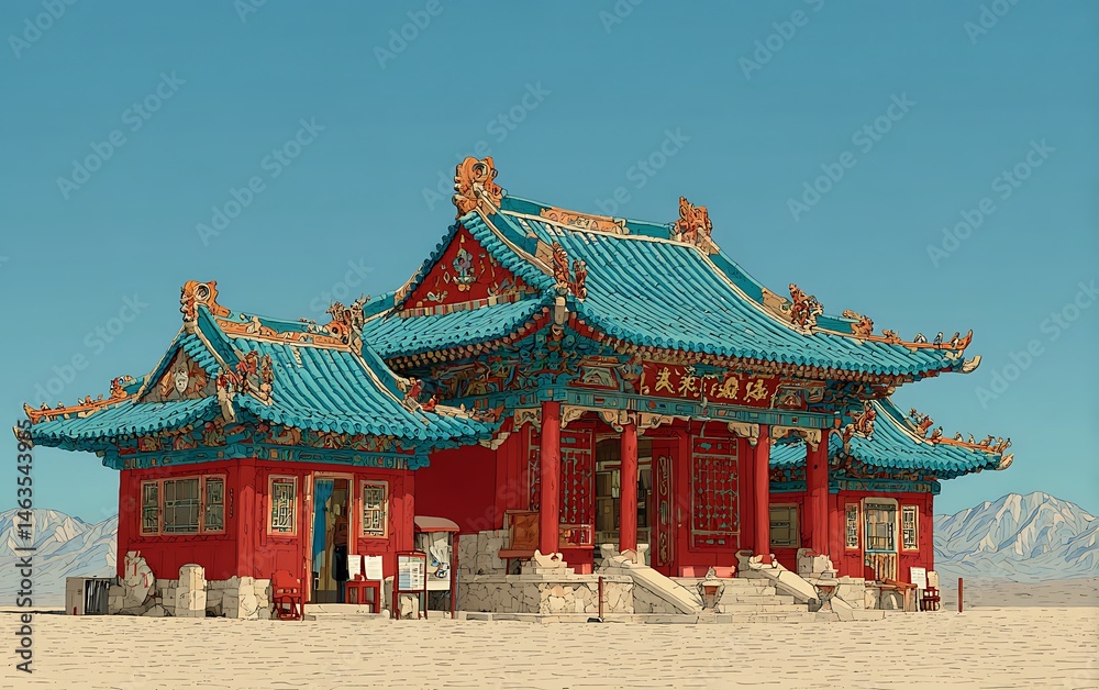Fototapeta premium Serene Asian Temple in a Desert Landscape: A Vivid Illustration