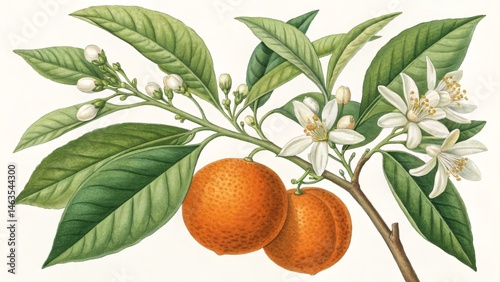 Botanical Illustration Orange Blossom and Fruit Watercolor Painting, Citrus, Floral Botanical Illustration, Watercolor Painting