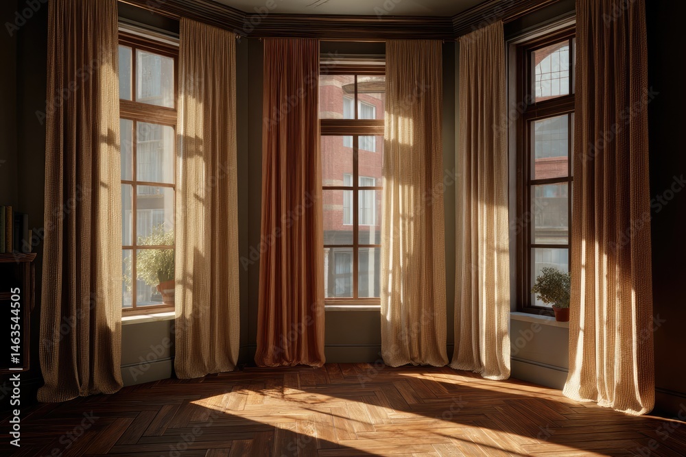 Obraz premium Sunlit, classic room with large windows and drapes. Warm wood floors, soft light streams in