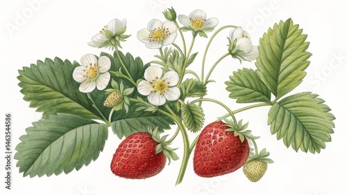 Wallpaper Mural Botanical Watercolor Painting Strawberry Plant with Blossoms and Berries, Watercolor Illustration, Fruit, Flower, Plant Strawberry, Botanical Illustration Torontodigital.ca