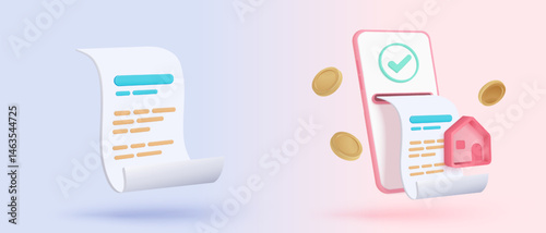 3D bill icon for payment transaction with notice. paper receipt real estate for personal loan. mortgage housing to money, rental property of financial. 3d residence icon vector render illustration