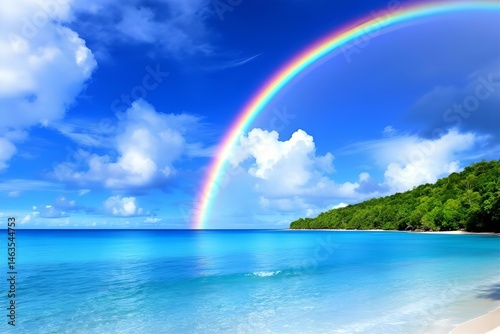 Tropical Beach Paradise with Rainbow: Azure Ocean, White Sand, Lush Green Island, & Vibrant Sky - Nature's Beauty Wallpaper