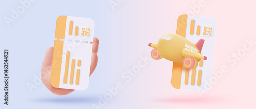 3D airline boarding pass ticket, ready for tourism and travel planning a summer vacation concept. Ticket for travel agency, booking service. 3d vector passenger airplane ticket render illustration