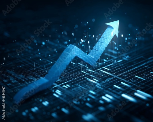 Blue up arrow business icon growth graph concept on 3d abstract background with illustration increase chart graphic sign. Success finance stock profit market progress digital technology presentation