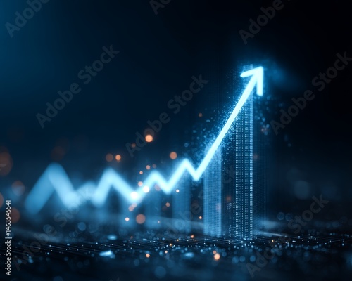 Blue up arrow business icon growth graph concept on 3d abstract background with illustration increase chart graphic sign. Success finance stock profit market progress digital technology presentation