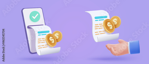 3D bill icon for payment transaction with notice. paper receipt for shopping offer in store. Business invoice bill expenses idea concept. 3d invoice list icon vector render illustration