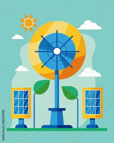 Solarpowered fans circulate cool air through the factory keeping workers comfortable and enhancing overall productivity.. Vector illustration