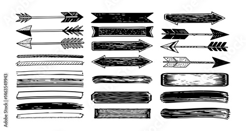 Collection of hand drawn arrows banners and brush strokes in black and white style silhouette