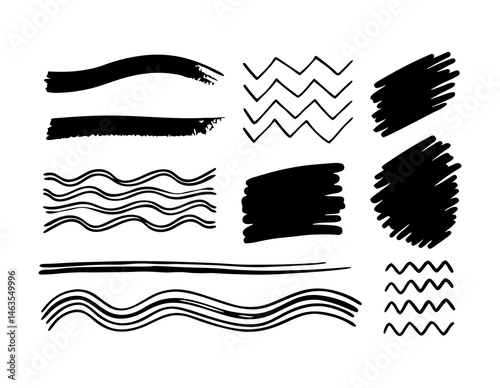 Collection of hand drawn black ink brush strokes and lines on a white background art silhouette