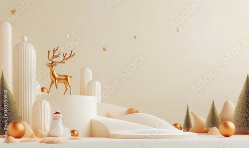 Gold reindeer and Santa figurine on a minimalist beige and white Christmas display. Abstract shapes and small fir trees create a festive winter scene.  Soft lighting and a neutral background. 