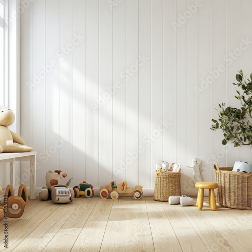 Wooden toys scattered on light wood floor in a sunlit white room. A beige teddy bear sits on a white bench. Wicker baskets hold more toys. A small yellow stool is present. Calm and serene atmosphere.