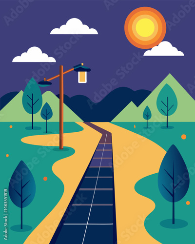 As I cycled along the rural bike path the solar panels on either side powered small ling lights creating a magical atmosphere.. Vector illustration