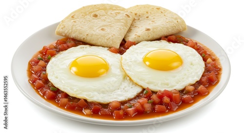 Huevos rancheros with fried eggs, salsa, and tortillas on white background photo