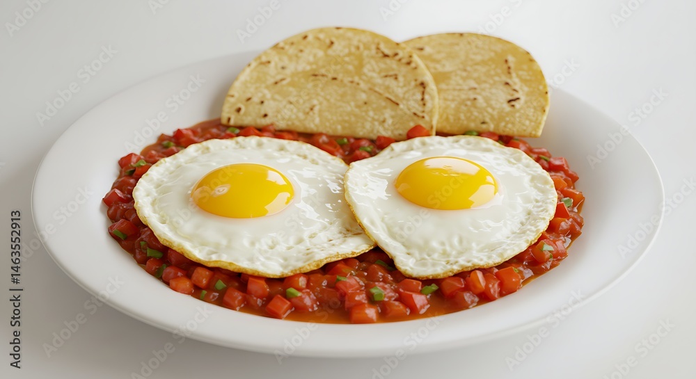 Huevos rancheros with fried eggs, salsa, and tortillas on white background Huevos rancheros with fried eggs, salsa, and tortillas on white background