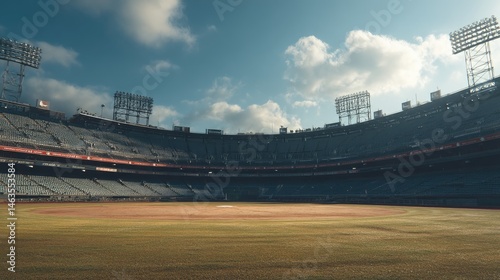 Empty baseball stadium under a partly cloudy sky