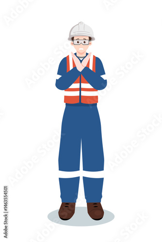 Industrial worker or engineer in safety vest and hard hat making stop or no gesture with crossed arms. Vector illustration isolated on white background.