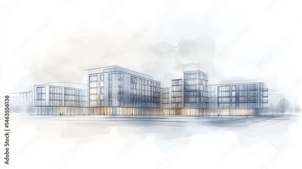 Fototapeta premium Modern building complex watercolor architectural illustration