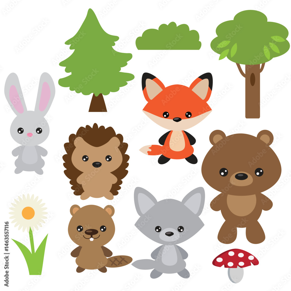 Naklejka premium Cute baby forest animals collection vector cartoon illustration