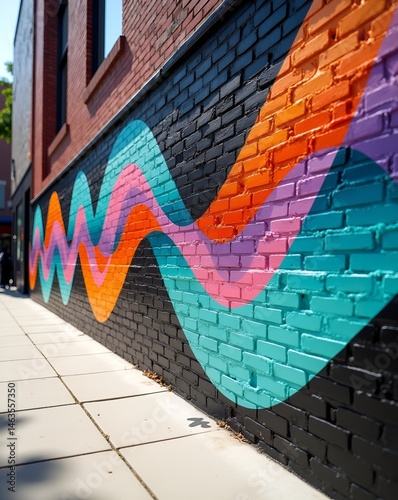 Geometric Street Art Mural on Black Brick Wall with Bold Abstract Patterns and Urban Background