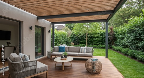 Outdoor lounge area with garden view