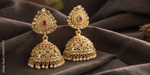 Gold Jhumka Earrings Intricate Design, Close-up Photography, Indian Jewelry Indian jewelry, Jhumkas