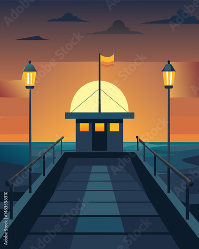 The soft glow of solarpowered lights illuminating the deck of a fishing boat as it heads back to shore at sunset.. Vector illustration